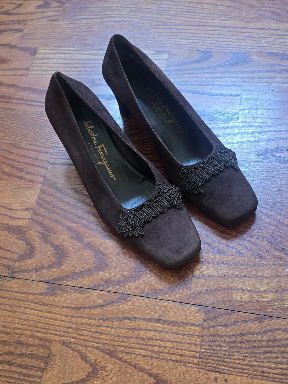 Salvatore Ferragamo Dark Brown Suede Embellished Pump